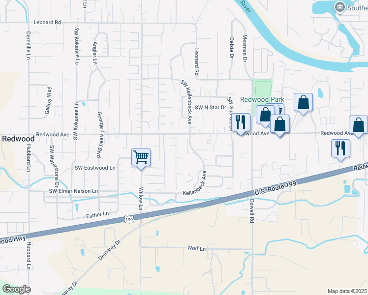 map of restaurants, bars, coffee shops, grocery stores, and more near 1625 Medart Lane in Grants Pass