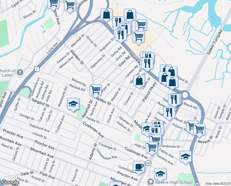 map of restaurants, bars, coffee shops, grocery stores, and more near 41 Lantern Road in Revere