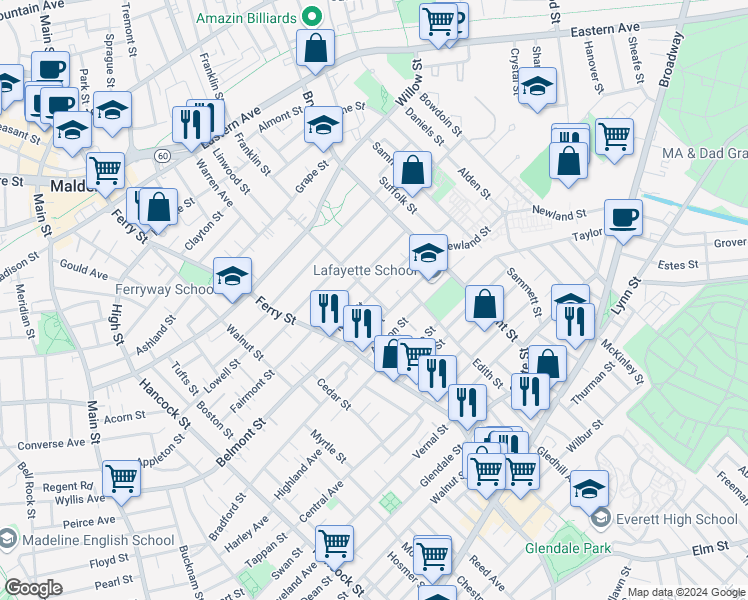 map of restaurants, bars, coffee shops, grocery stores, and more near 83-85 Mills Street in Malden