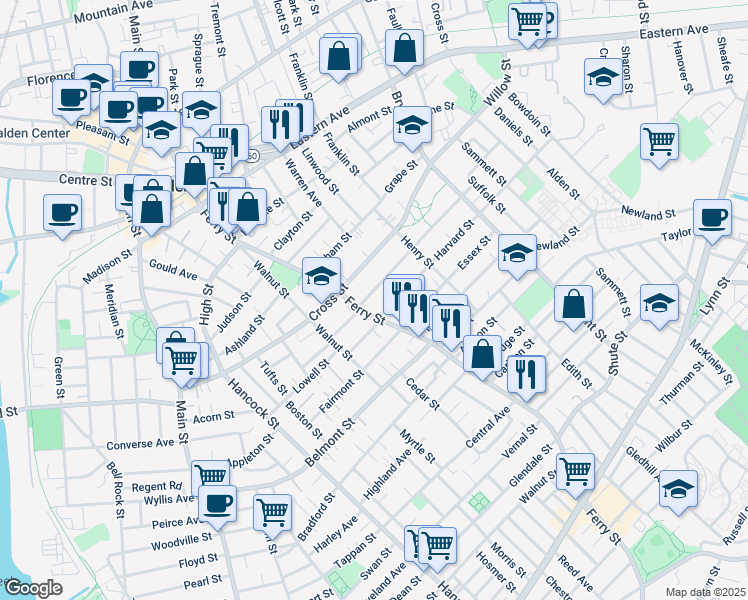 map of restaurants, bars, coffee shops, grocery stores, and more near 20 Harvard Street in Malden