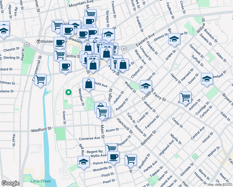 map of restaurants, bars, coffee shops, grocery stores, and more near 67 Newhall Street in Malden