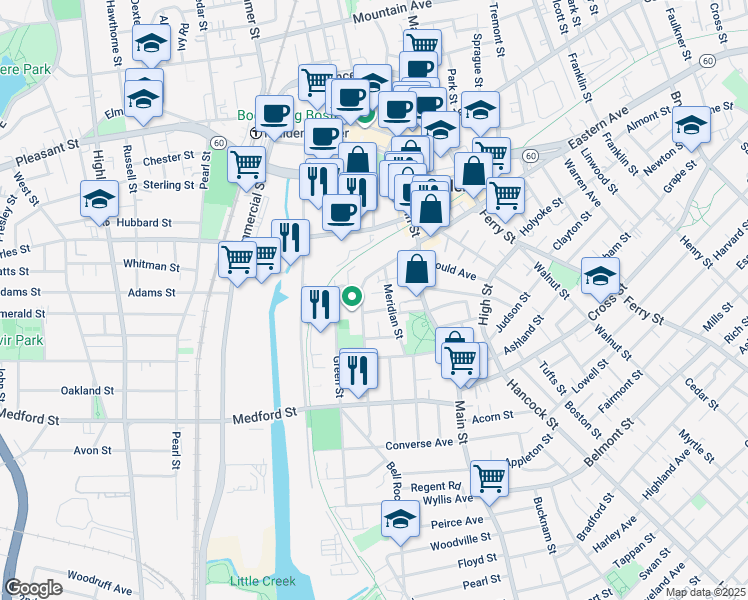 map of restaurants, bars, coffee shops, grocery stores, and more near 29 Meridian Street in Malden