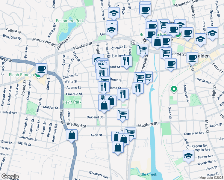 map of restaurants, bars, coffee shops, grocery stores, and more near 72 Adams Street in Malden