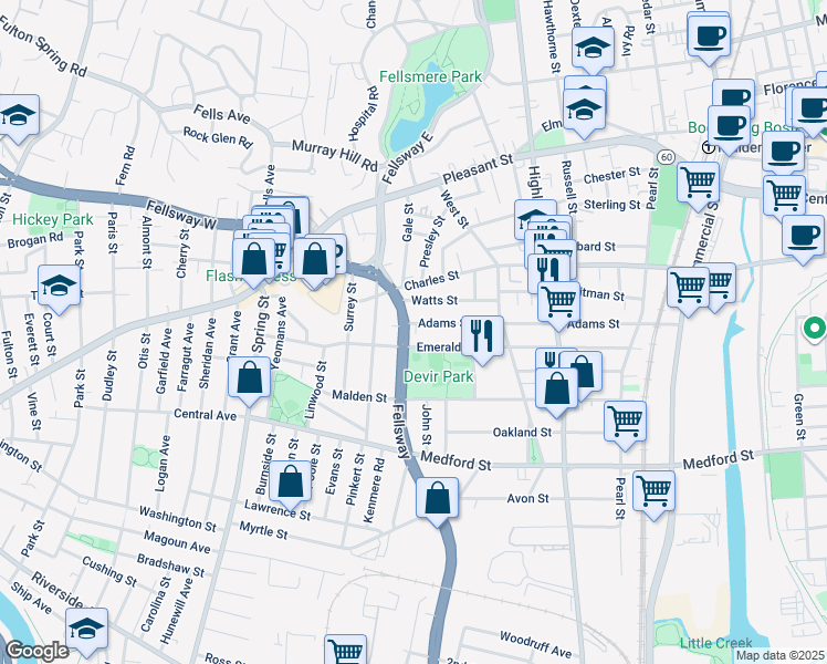 map of restaurants, bars, coffee shops, grocery stores, and more near 200 Adams Street in Malden