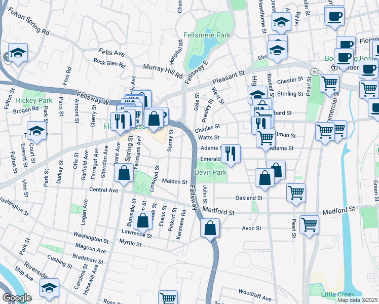 map of restaurants, bars, coffee shops, grocery stores, and more near 1210 Fellsway in Malden