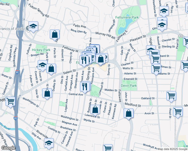 map of restaurants, bars, coffee shops, grocery stores, and more near 16 Emerald Street in Medford