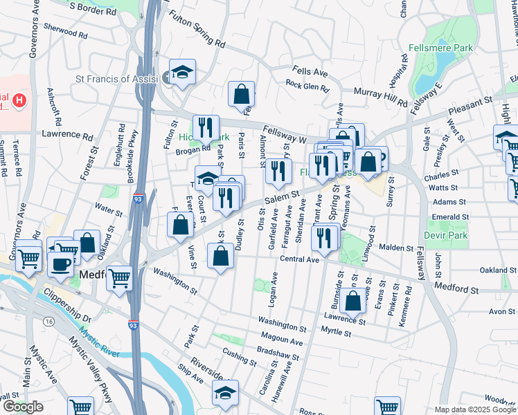 map of restaurants, bars, coffee shops, grocery stores, and more near 325 Salem Street in Medford