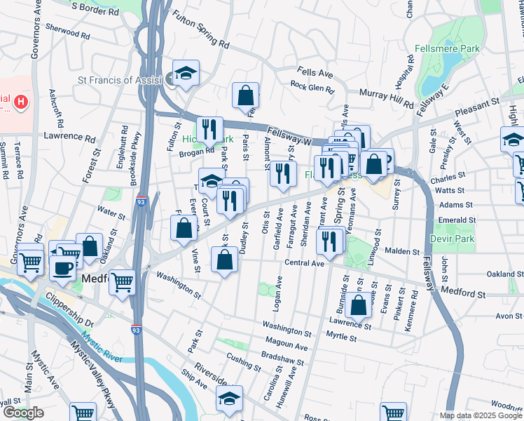 map of restaurants, bars, coffee shops, grocery stores, and more near 325 Salem Street in Medford