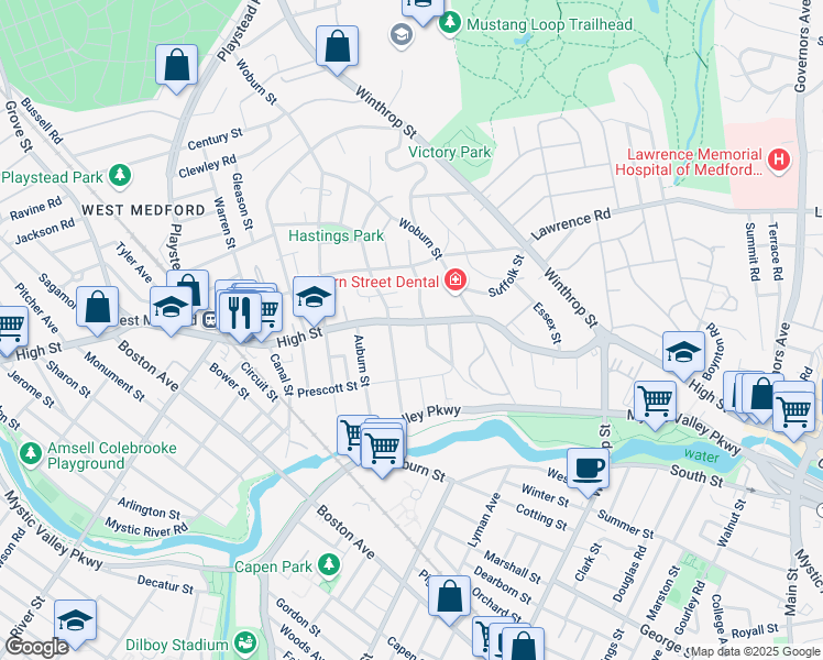 map of restaurants, bars, coffee shops, grocery stores, and more near 340 High Street in Medford