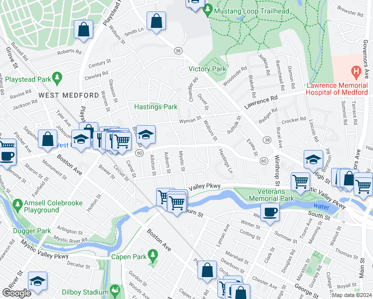 map of restaurants, bars, coffee shops, grocery stores, and more near 340 High Street in Medford