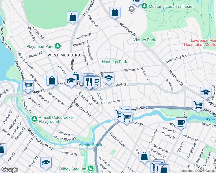 map of restaurants, bars, coffee shops, grocery stores, and more near 411 High Street in Medford
