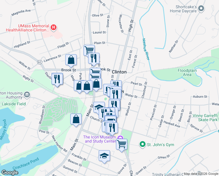 map of restaurants, bars, coffee shops, grocery stores, and more near 60 Water Street in Clinton