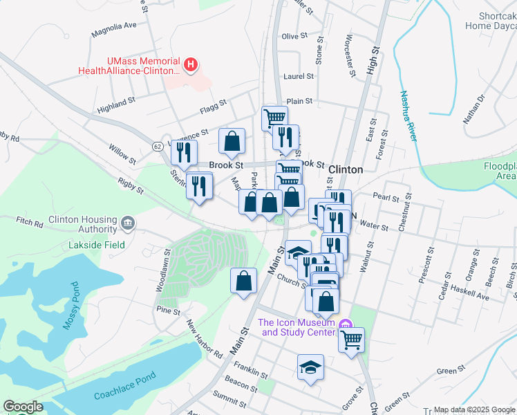 map of restaurants, bars, coffee shops, grocery stores, and more near 10 Parker Street in Clinton