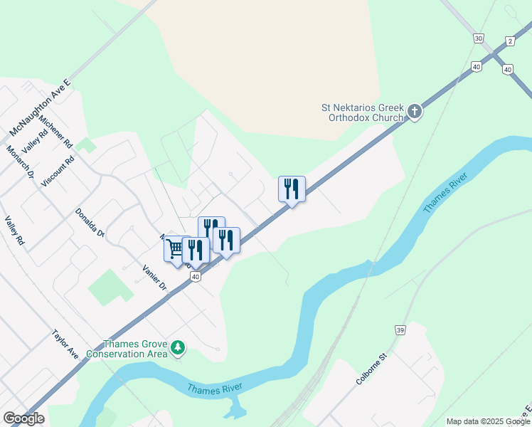 map of restaurants, bars, coffee shops, grocery stores, and more near 601 Grand Avenue East in Chatham