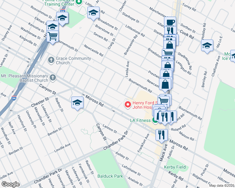 map of restaurants, bars, coffee shops, grocery stores, and more near 21792 Kingsville Street in Harper Woods