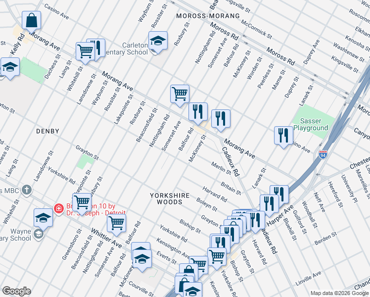 map of restaurants, bars, coffee shops, grocery stores, and more near 10835 Balfour Road in Detroit