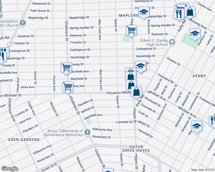 map of restaurants, bars, coffee shops, grocery stores, and more near 14820 Alma Avenue in Detroit