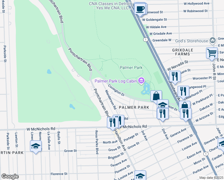 map of restaurants, bars, coffee shops, grocery stores, and more near 1001 Covington Drive in Highland Park