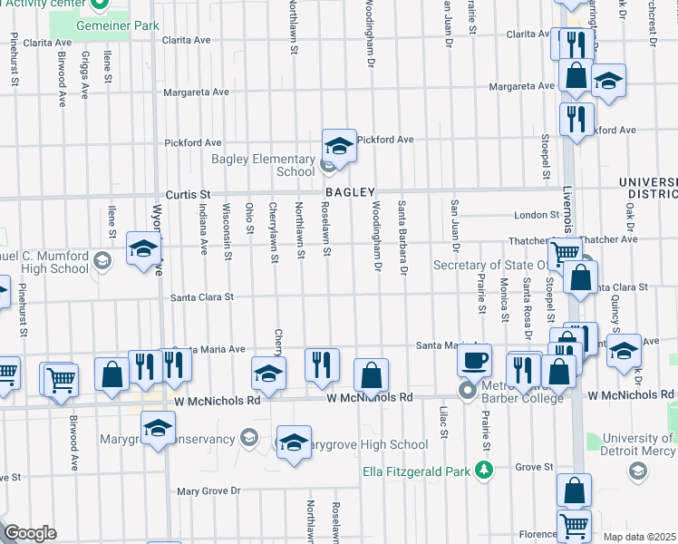 map of restaurants, bars, coffee shops, grocery stores, and more near 17552 Roselawn Street in Detroit