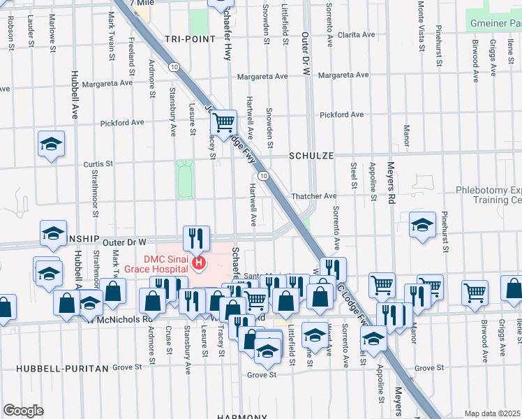 map of restaurants, bars, coffee shops, grocery stores, and more near 17581 Snowden Street in Detroit
