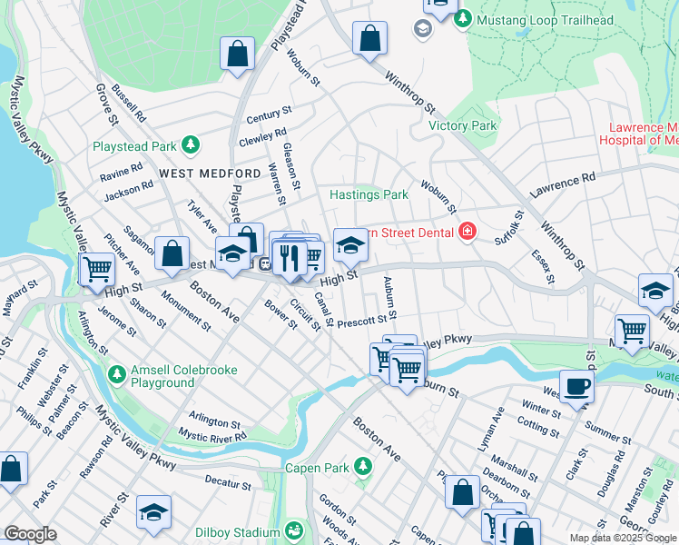 map of restaurants, bars, coffee shops, grocery stores, and more near 411 High Street in Medford