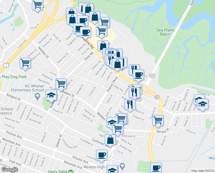 map of restaurants, bars, coffee shops, grocery stores, and more near 104 Patriot Parkway in Revere