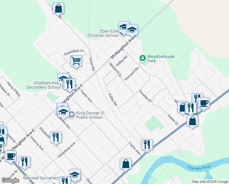 map of restaurants, bars, coffee shops, grocery stores, and more near 92 Viscount Road in Chatham