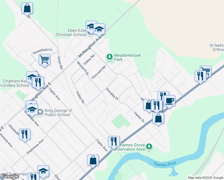 map of restaurants, bars, coffee shops, grocery stores, and more near 56 Tasan Crescent in Chatham
