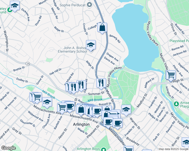 map of restaurants, bars, coffee shops, grocery stores, and more near 182 Mystic Street in Arlington