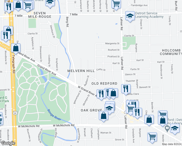 map of restaurants, bars, coffee shops, grocery stores, and more near 17920 Redfern Street in Detroit