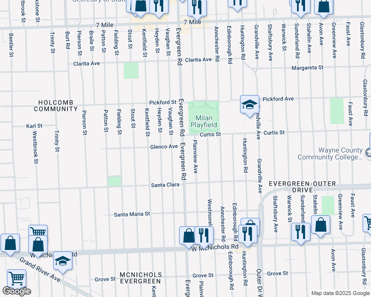 map of restaurants, bars, coffee shops, grocery stores, and more near 17656 Evergreen Road in Detroit
