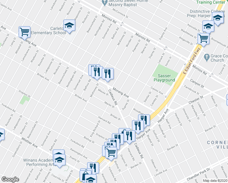 map of restaurants, bars, coffee shops, grocery stores, and more near 10567 Morang Avenue in Detroit
