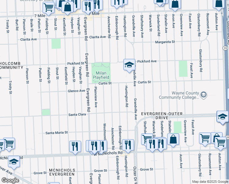 map of restaurants, bars, coffee shops, grocery stores, and more near 17646 Annchester Road in Detroit
