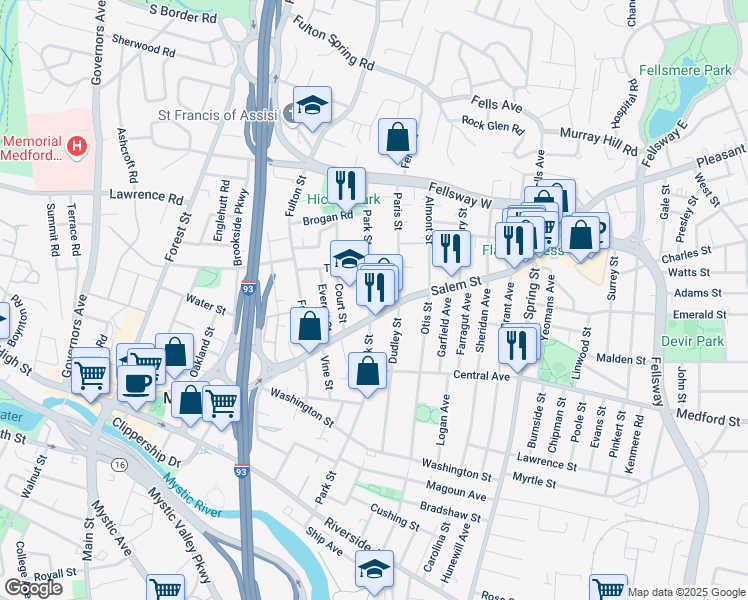 map of restaurants, bars, coffee shops, grocery stores, and more near 213 Park Street in Medford