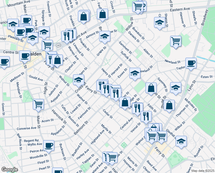 map of restaurants, bars, coffee shops, grocery stores, and more near 56 Essex Street in Malden