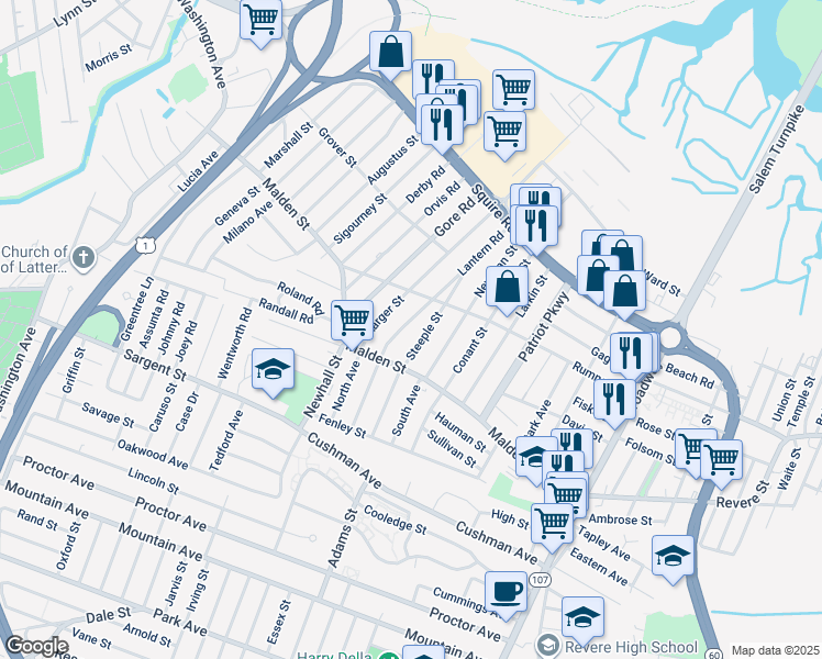 map of restaurants, bars, coffee shops, grocery stores, and more near 41 Lantern Road in Revere