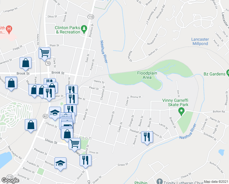 map of restaurants, bars, coffee shops, grocery stores, and more near 176 Pearl Street in Clinton