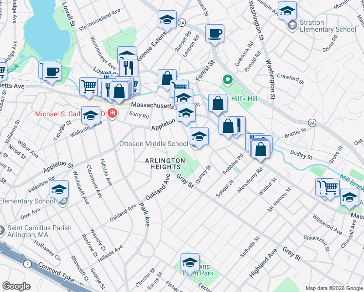 map of restaurants, bars, coffee shops, grocery stores, and more near 2 Acton Street in Arlington