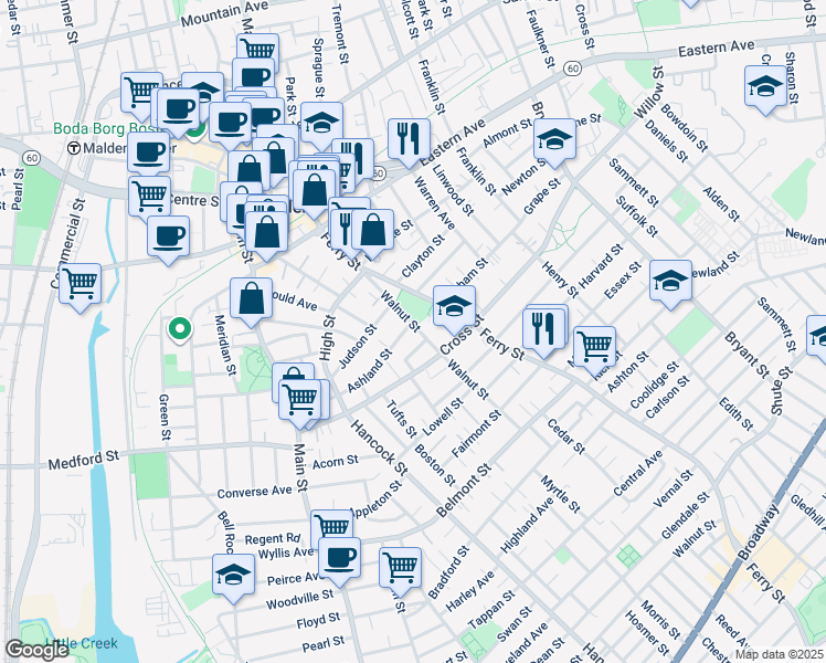 map of restaurants, bars, coffee shops, grocery stores, and more near 61 Walnut Street in Malden
