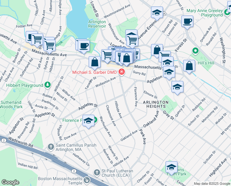 map of restaurants, bars, coffee shops, grocery stores, and more near 28 Hillside Avenue in Arlington