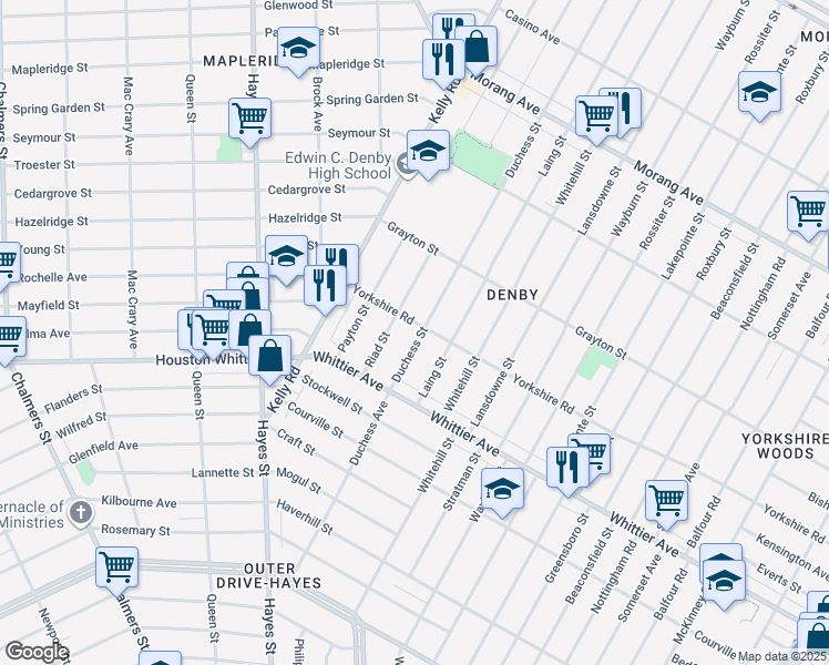 map of restaurants, bars, coffee shops, grocery stores, and more near 11625 Duchess Street in Detroit