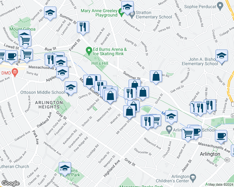 map of restaurants, bars, coffee shops, grocery stores, and more near 22 Brattle Street in Arlington