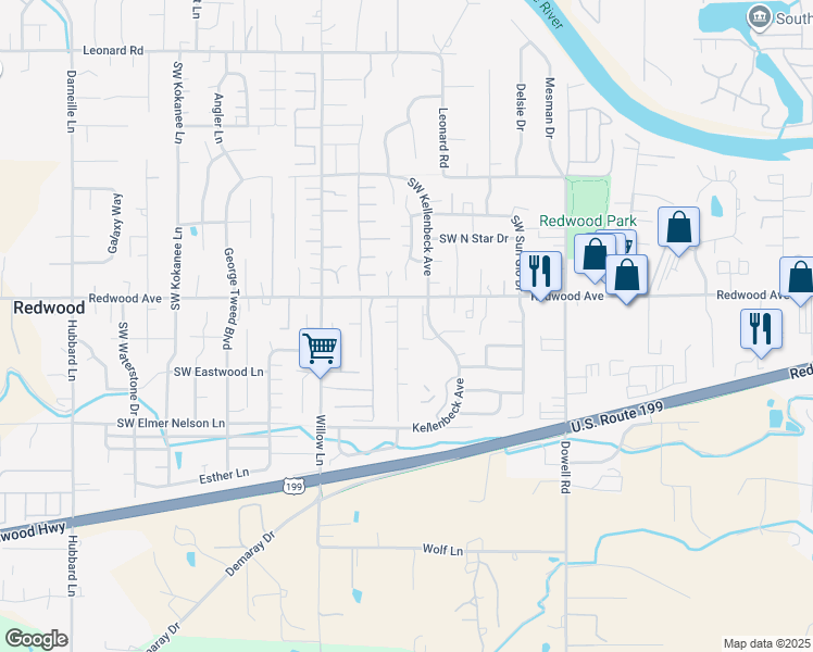 map of restaurants, bars, coffee shops, grocery stores, and more near 1625 Medart Lane in Grants Pass