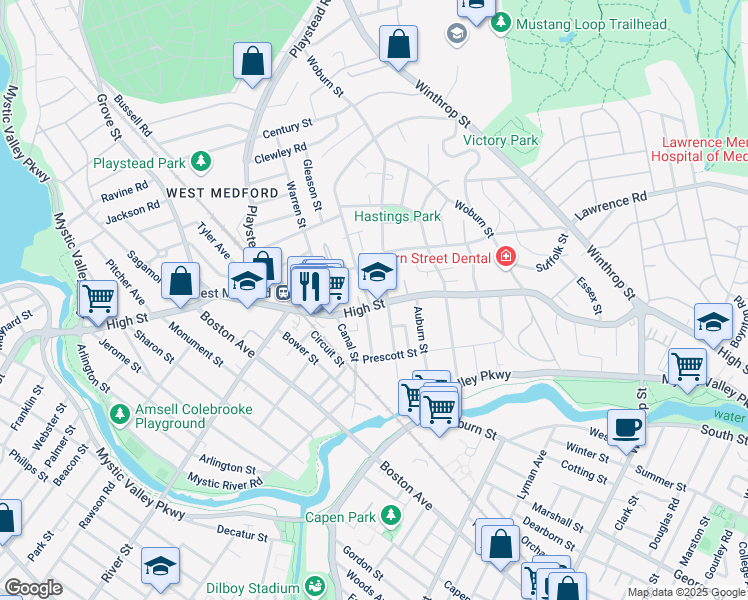 map of restaurants, bars, coffee shops, grocery stores, and more near 411 High Street in Medford