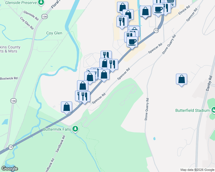 map of restaurants, bars, coffee shops, grocery stores, and more near 638 Spencer Road in Ithaca