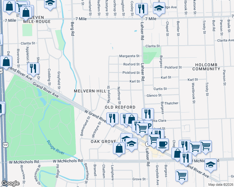 map of restaurants, bars, coffee shops, grocery stores, and more near 17801 Northrop Street in Detroit