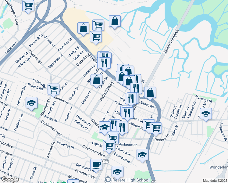 map of restaurants, bars, coffee shops, grocery stores, and more near 95 Gage Ave in Revere