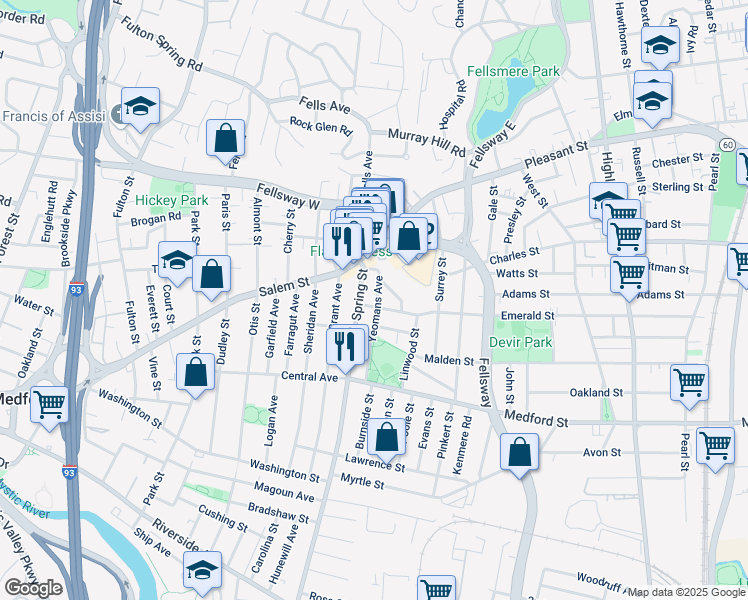 map of restaurants, bars, coffee shops, grocery stores, and more near 16 Emerald Street in Medford