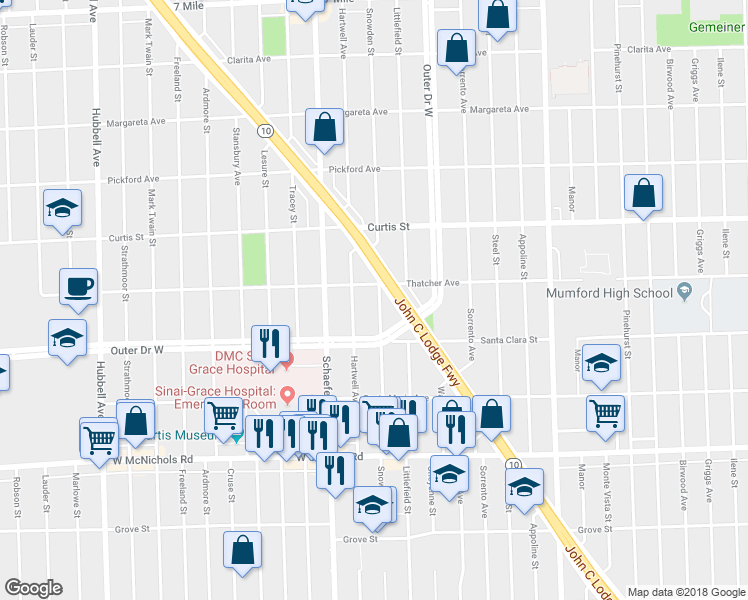 map of restaurants, bars, coffee shops, grocery stores, and more near 17581 Snowden Street in Detroit