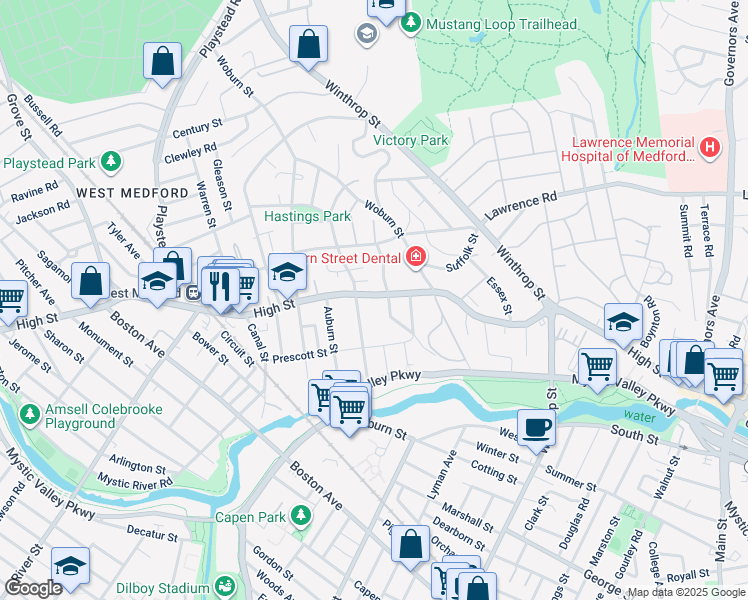 map of restaurants, bars, coffee shops, grocery stores, and more near 340 High Street in Medford